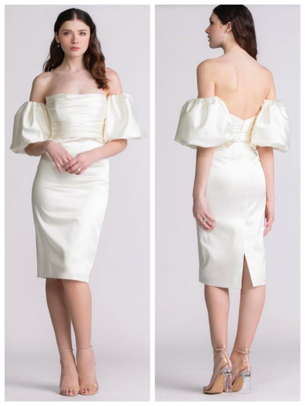 By Watters Demi Wedding Dress Size 6 Ivory Satin Puff Sleeve Bridal Midi NWT
